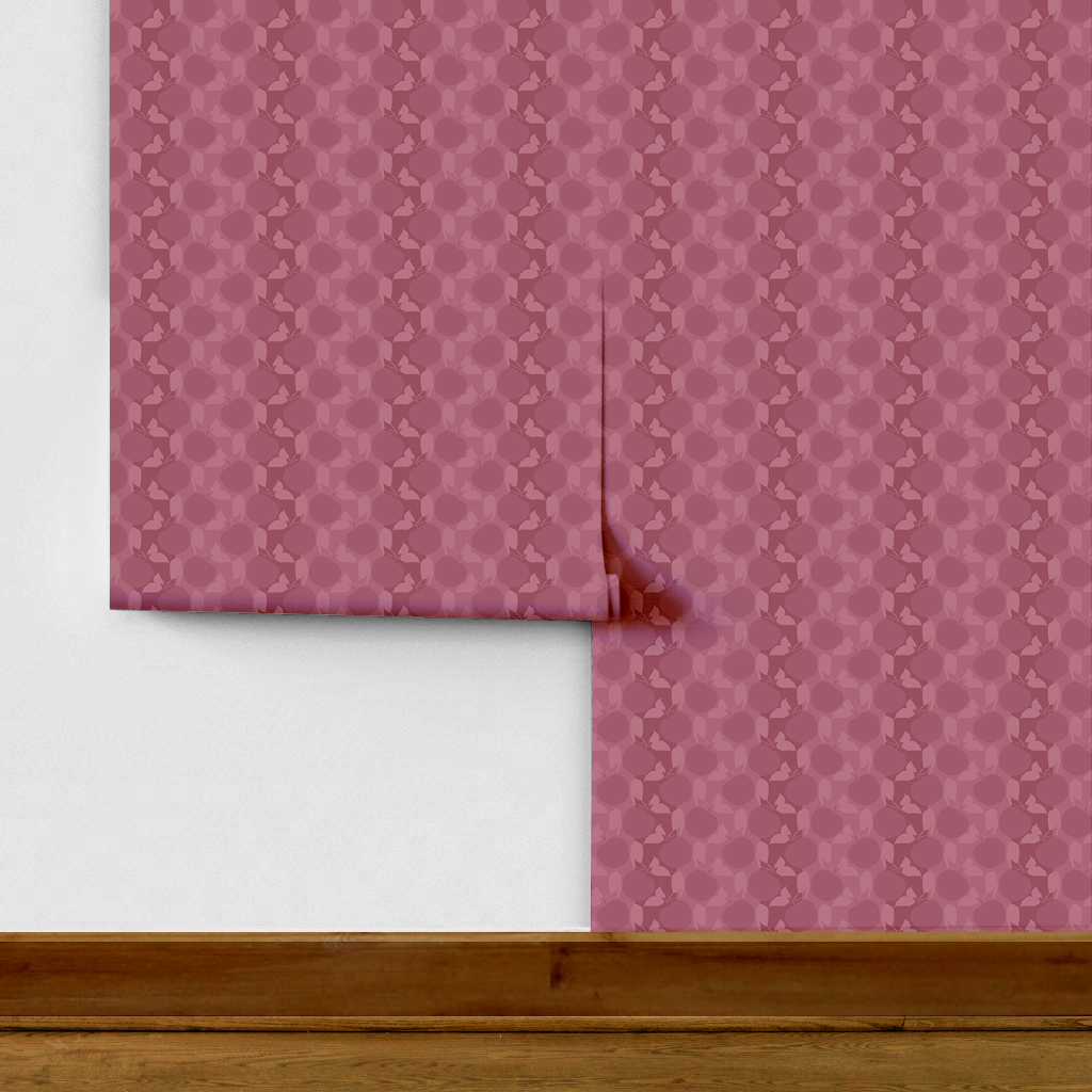 The artwork is a textile or fabric sample with a repeating pattern of apples, and Leaves. The entire design is rendered in different shades of muted reddish-pink, creating a monochromatic effect.  The apples are round and prominent, surrounded by simple, stylized leaves and butterflies, creating a harmonious and nature-inspired motif. The arrangement is dense, ensuring no empty spaces, which gives the fabric a rich and textured visual appeal.